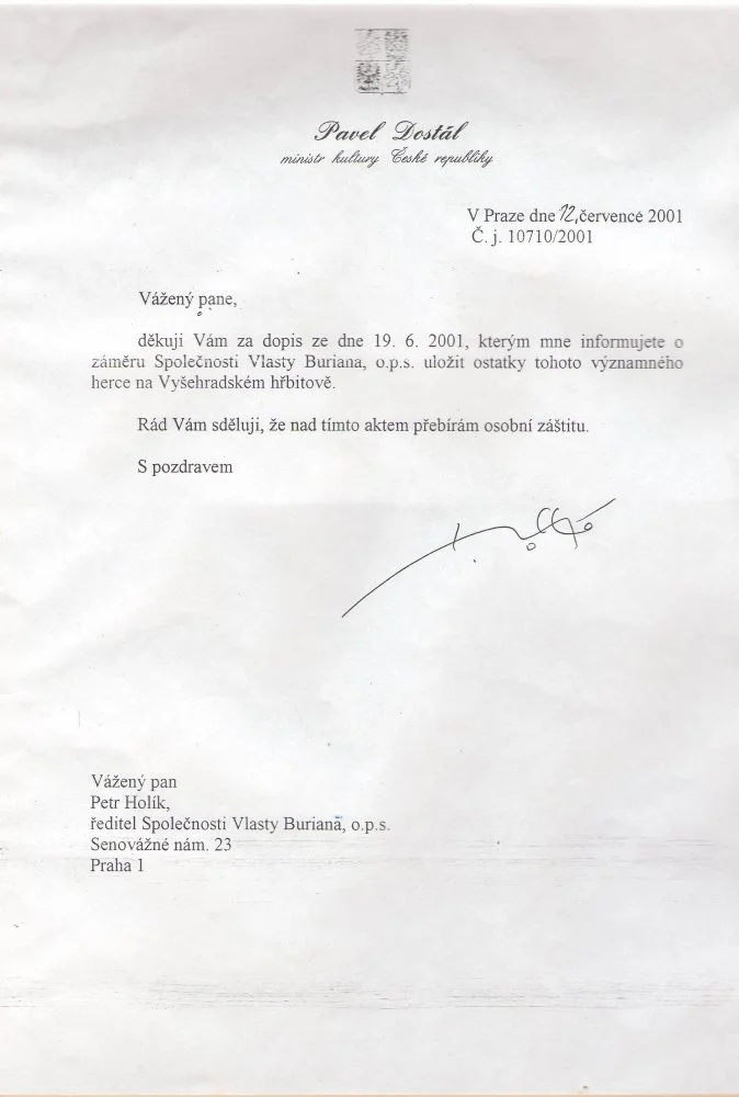 Dopis ministra kultury Pavla Dostála — záštita nad pomníkem Vlasty Buriana